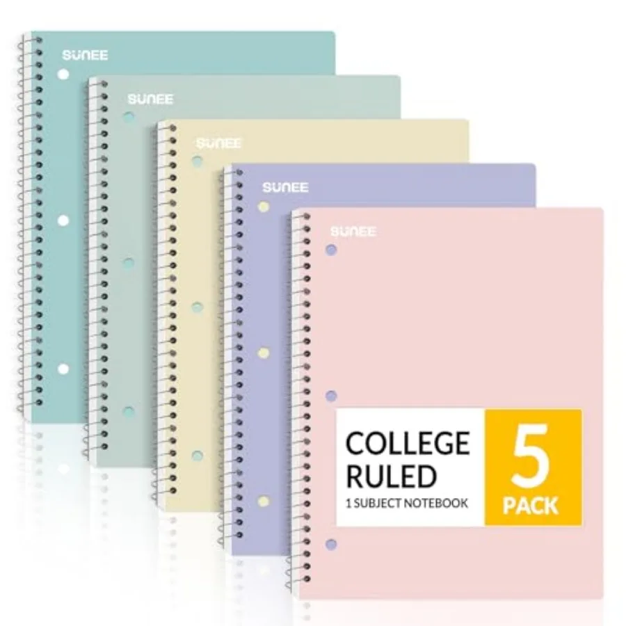 

Spiral Notebooks, 1-Subject, 5 Pack, College Ruled Paper, 8" x 10-1/2", 70 Sheets per Notebook, 3-Hole Punched Paper, Pink, Pur