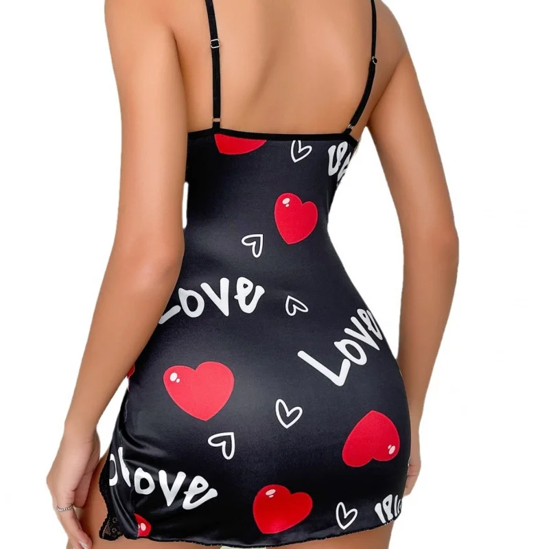 SURI Heart Letter Floral Slip Nightdress Lace Trim Deep V Side Split Sleep Dress Soft Breathable Fabric Women Night Gown