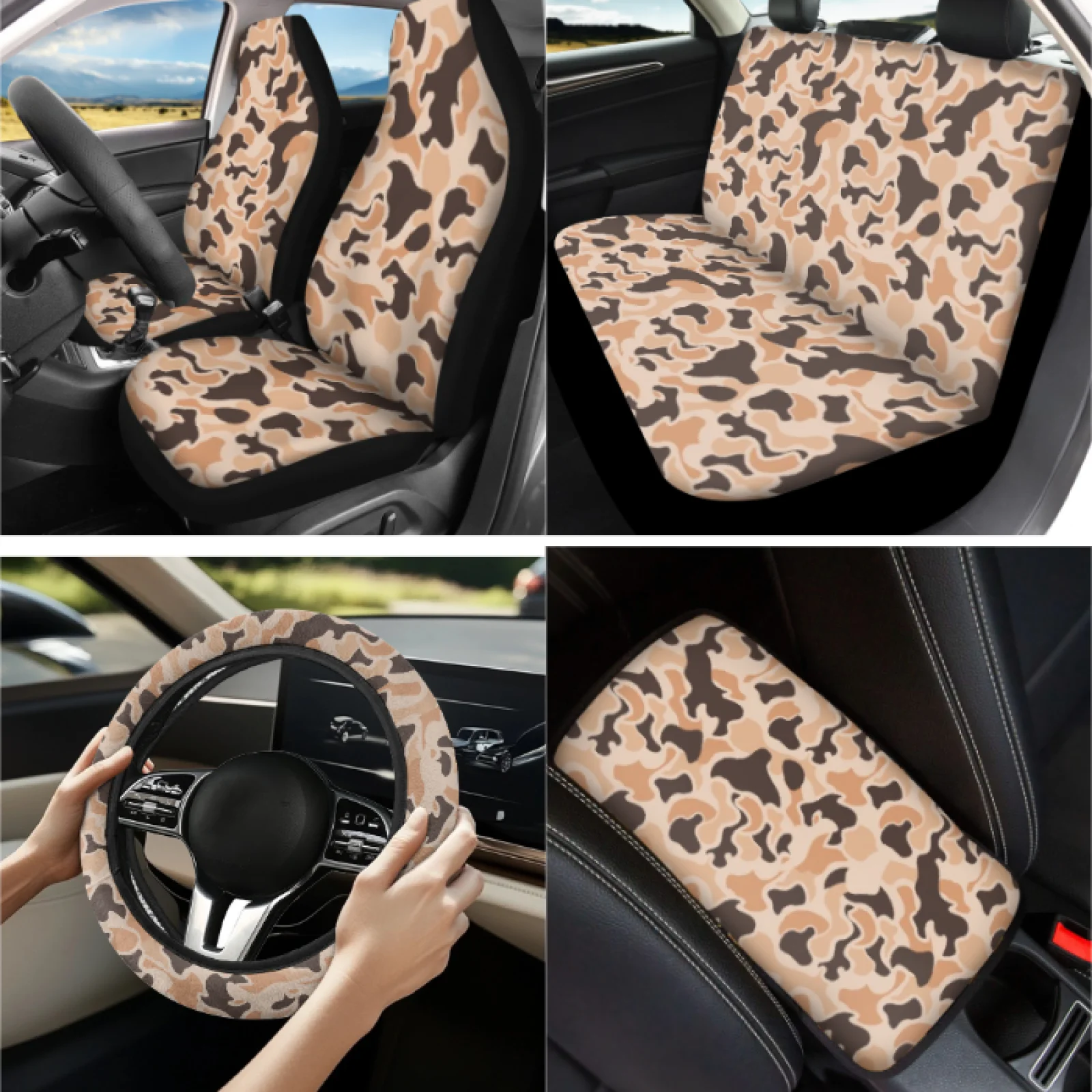 Coloranimal Desert Camouflage 13 PCS Car Seat Cover Set with Breathable Armrest Cover Pad and Car Cup Pad for Auto Interior