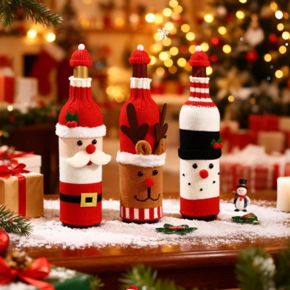 Knitted Wine Bottle Cover with Mini Santa Hat Santa Claus Beer Bottle Cover Snowman Reindeer Christmas Knitted Bottle Cover