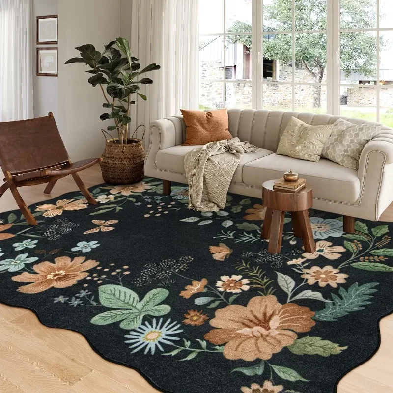 Floral Rugs for Living Room, 5x7 Area Rugs Ultra-Thin Soft Washable Rug, Non-Slip Bedroom Rug Stain Resistant Lightweight Boho