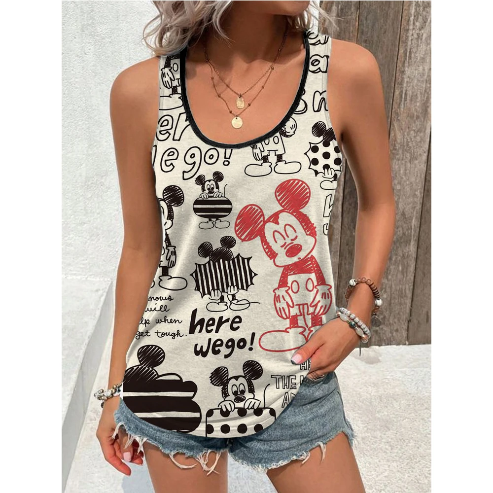 S-3XL New Disney Mickey Mouse Tank Top 2024 Summer Casual Strap Sleeveless U-neck Slim Fit T-shirt Girls Top T-shirts Women