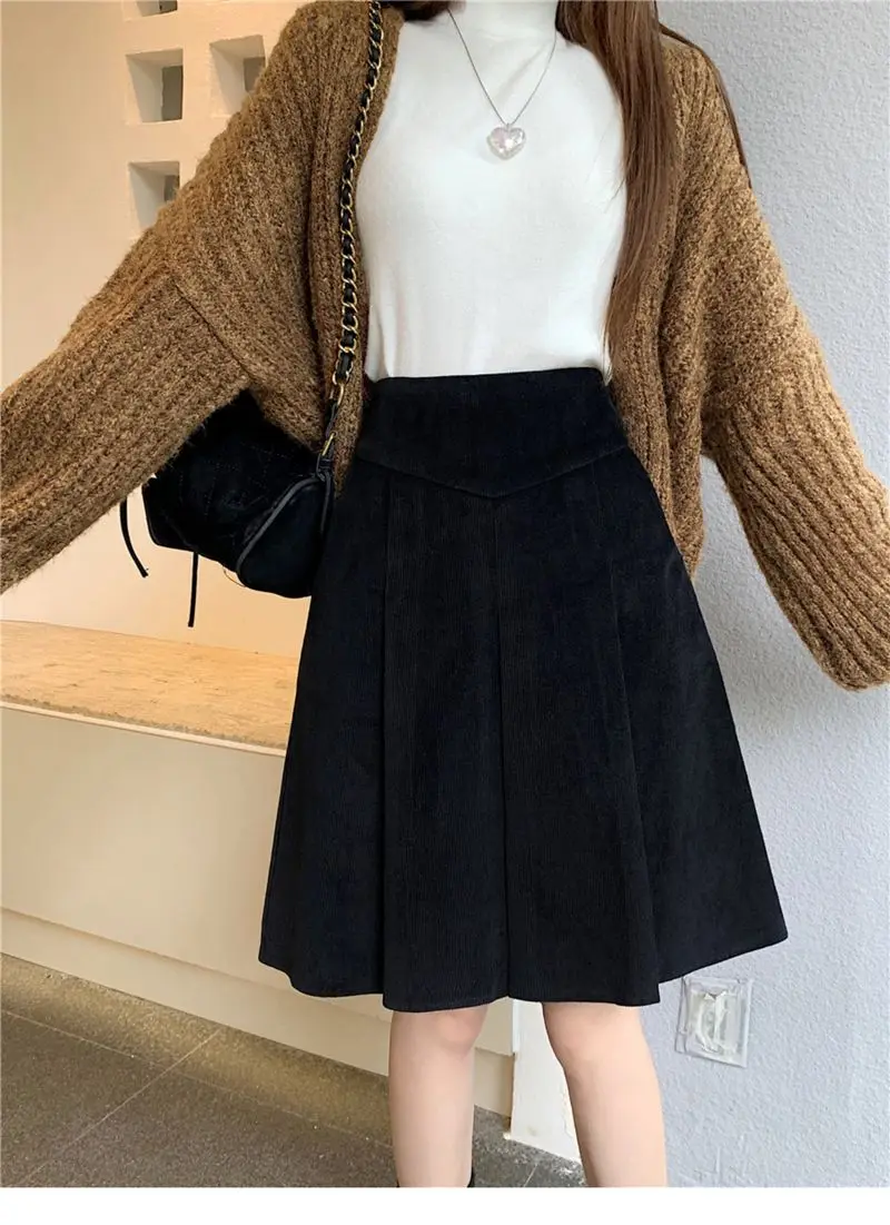 Skirt Half-body Skirt Women Autumn Winter New Middle Skirt To Knee High Waist Temperament Skirt  Corduroy Gentle