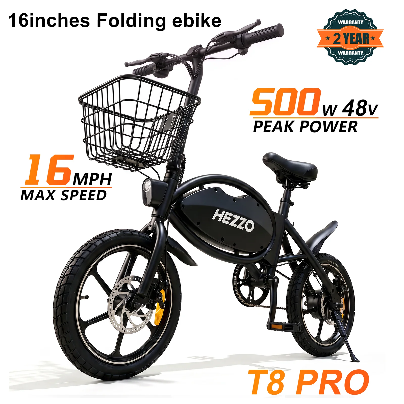 HEZZO T8PRO Foldable Electric Bike for Adults 48V 500W Peak 750W Brushless Motor 16Inch Carbon Steel E-Bike 7.8Ah Lithium Battery Max 25KM/H 30-35KM Range Dual Disc Brake 499Wh 21Miles LED Headlight Commuter Folding E Bicycle