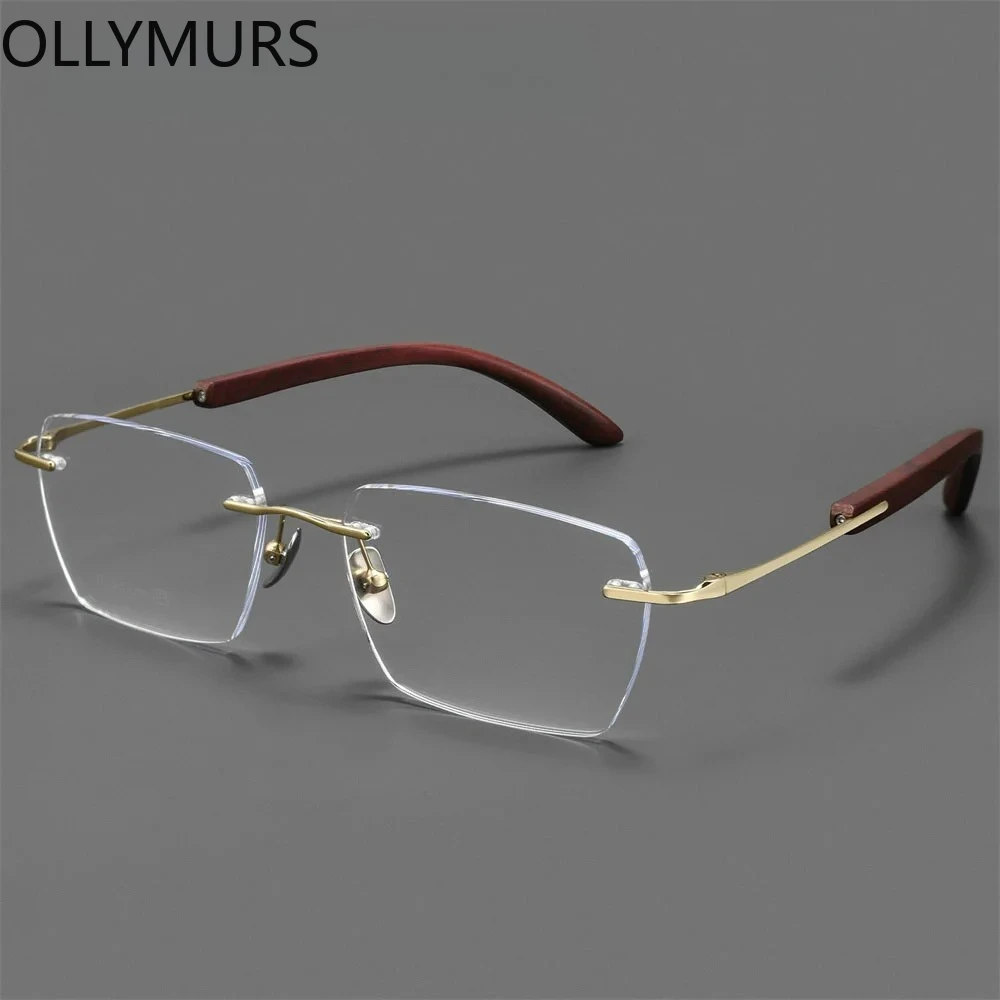

OLLYMURS Wood Titanium Rimless Prescription Glasses Progressive Eyeglasses Optical Eyewear Anti Blue Light Photochromic