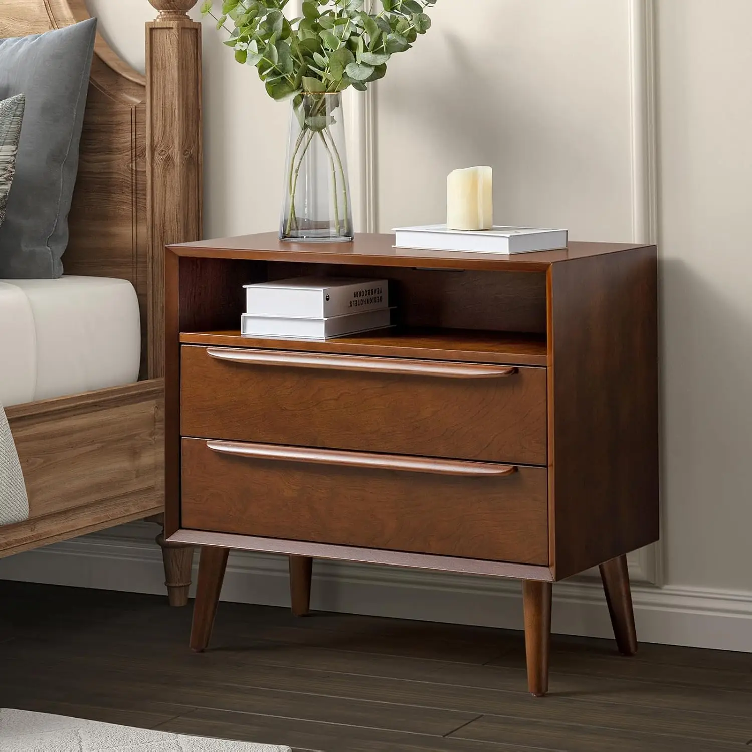 Nightstand with Charging Station, Mid-Century Modern 2 Drawer and Open Shelf Dresser for Bedroom, Fluted Bedside Table, Walnut