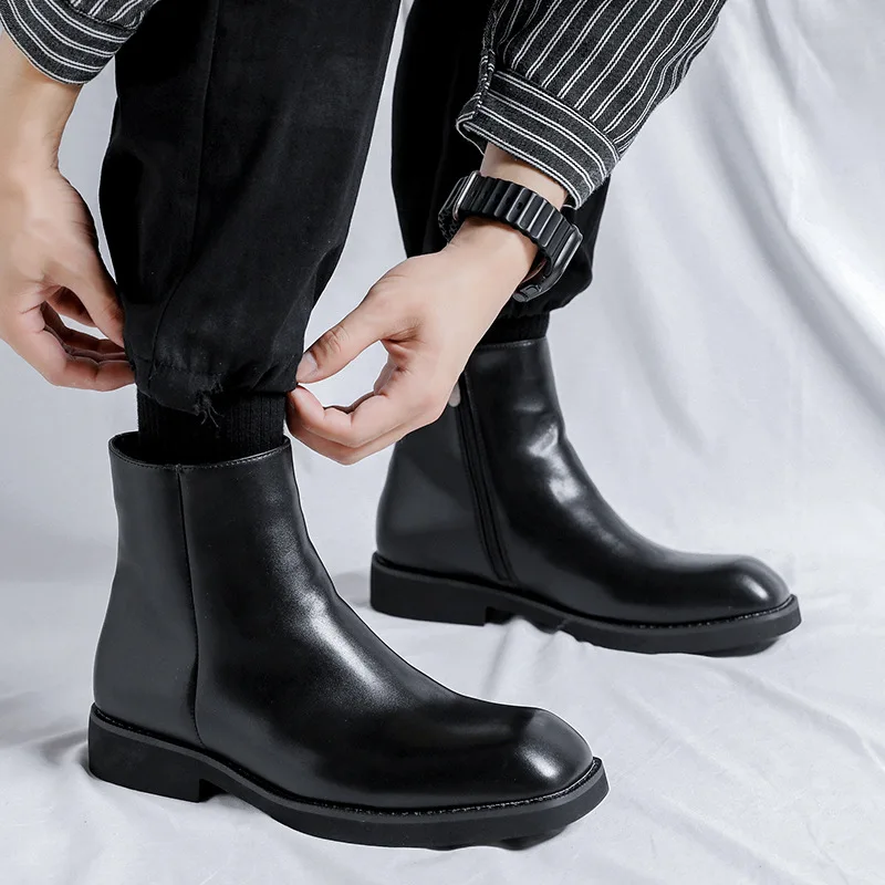 men fashion chelsea boots evening prom dress brand designer square toe shoes cowboy natural leather boot handsome short botas