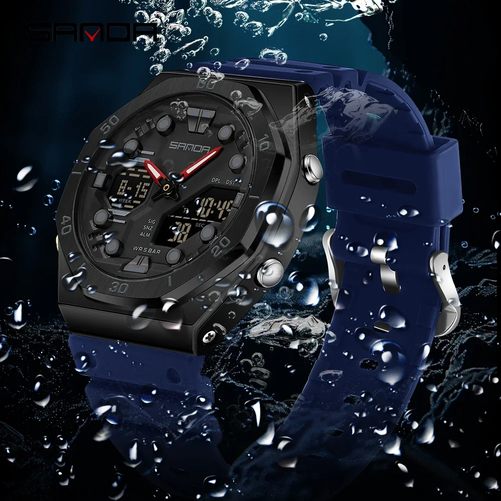 SANDA 6306 موضة ساعة إلكترونية للرجال عرض مزدوج متعدد الوظائف ضوء الليل ساعة تنبيه مقاوم للماء ساعة كول للجنسين 2026