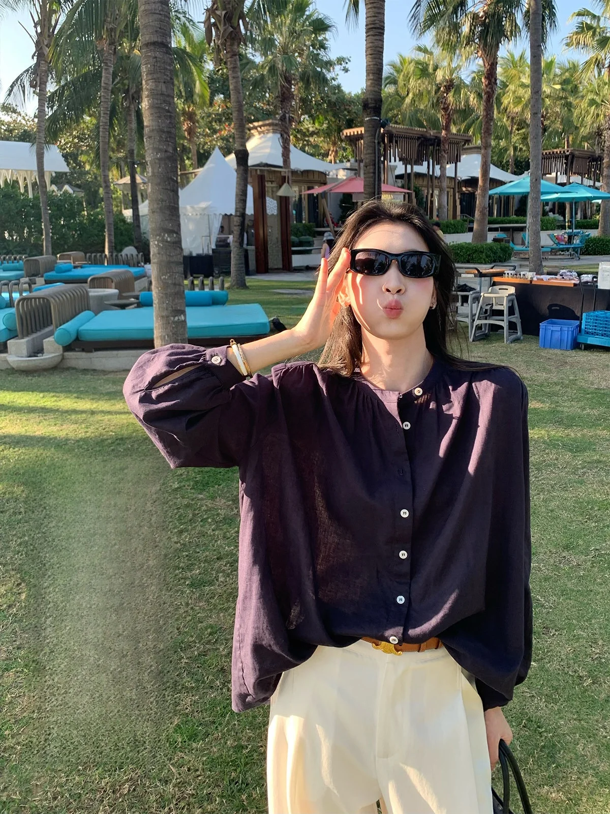 

Fol Else White Linen Long Sleeve Shirt Women Loose Slimming Versatile Personality Top round Neck Lantern Sleeve Open Cardigan