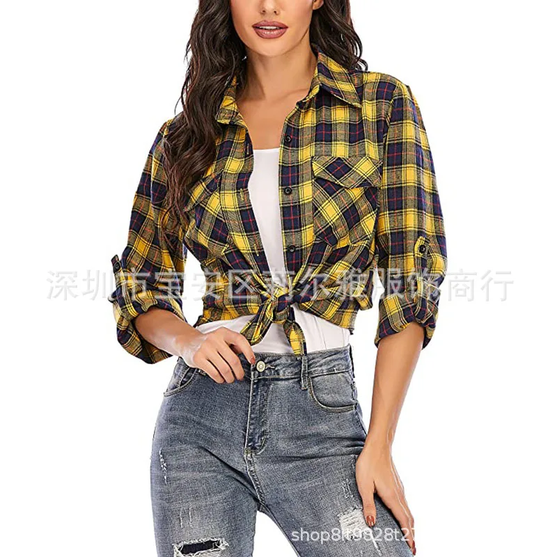 Women's Plaid Shirt Long Sleeve Pink Button Lapel Versatile Black Casual Tops Street College Style Fashion Blouses