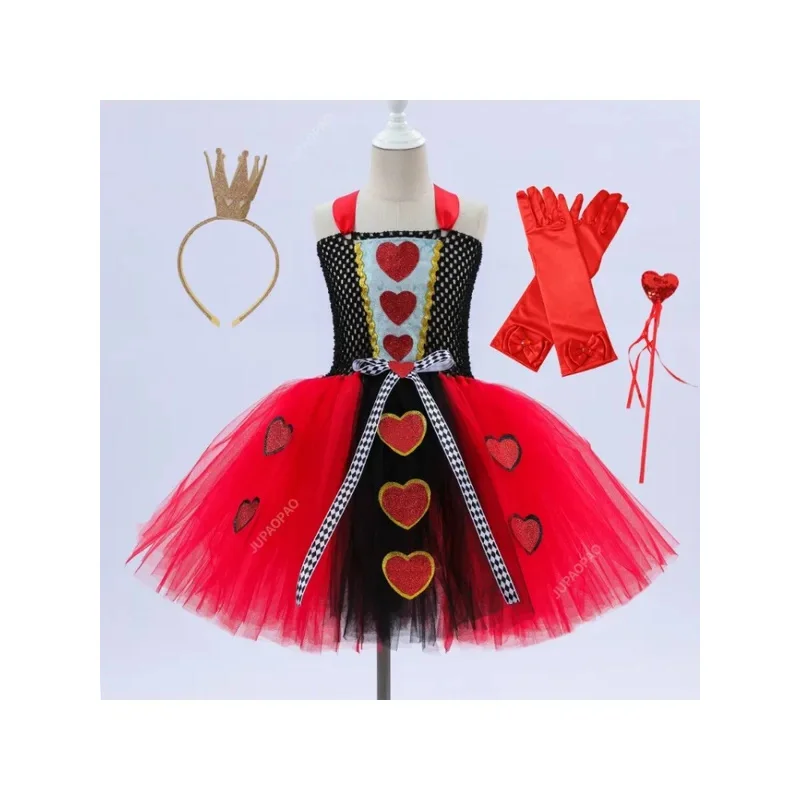 Disfraz de reina de corazones para niñas, vestido de Halloween para niños, vestido de tutú de lujo con corona, clásico País de las Maravillas, ropa de Reina Roja