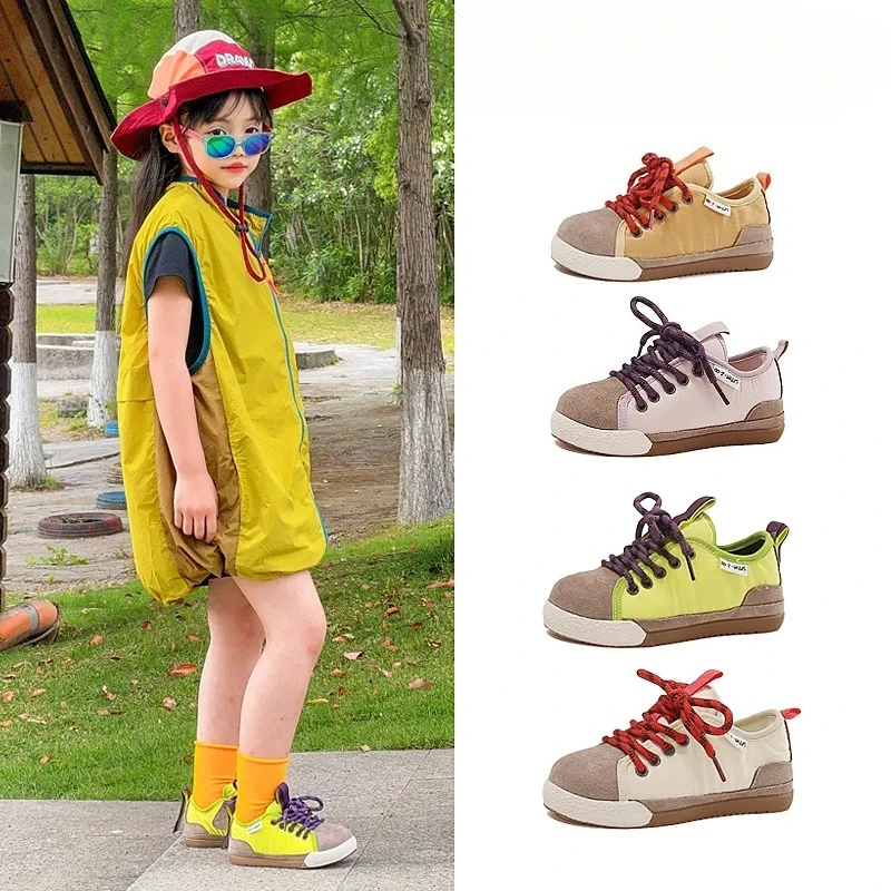 Kids Lace Up Shoes Girls Boys Color Splicing Suede Sneakers 2026 Autumn Children Walk Non-slip Casual Shoes Fashion 26-37