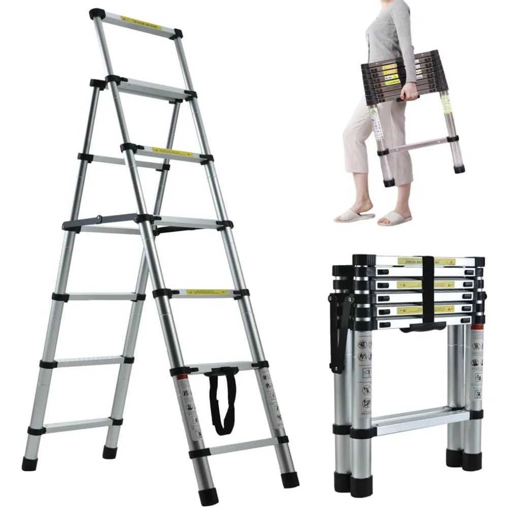 5+6 Step Telescoping Ladder Aluminum Extension Step Ladder Herringbone ,Ladder A-Frame Lightweight Folding Ladder Portable