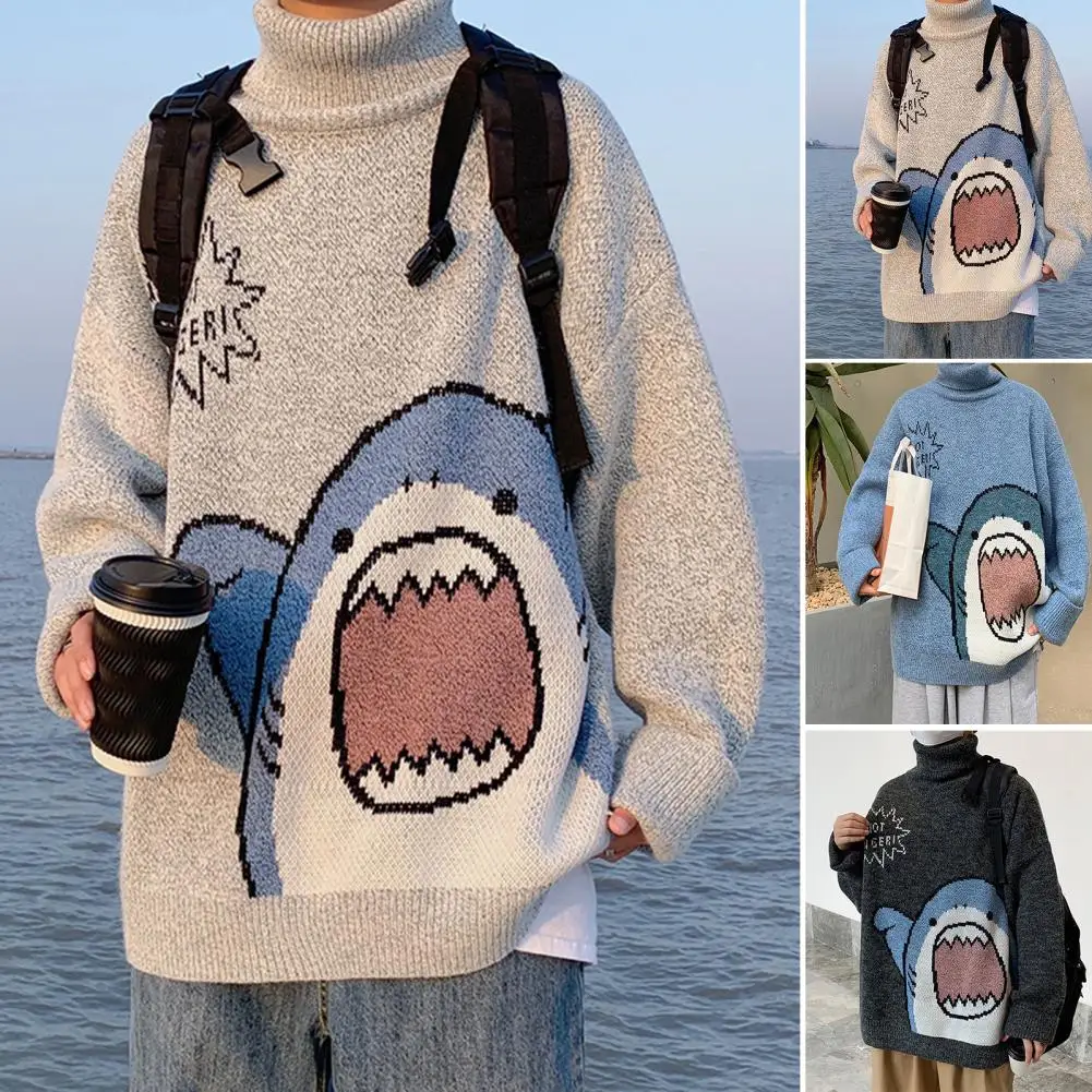 Trendy Winter Sweater Loose Men Winter Sweater High Collar Elastic Cartoon Shark Print Men Winter Sweater  Thermal