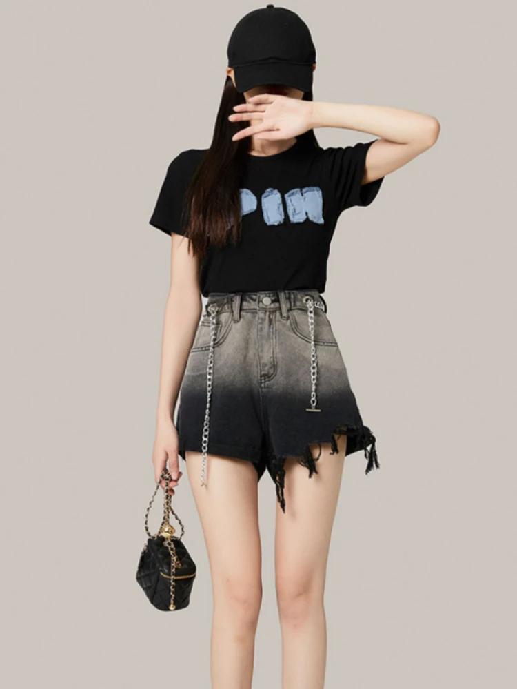 Black Denim Shorts Women's Washed Cotton Gradient Color Spring and Summer Loose Casual High Waist A- line Slimming Thin Fashion