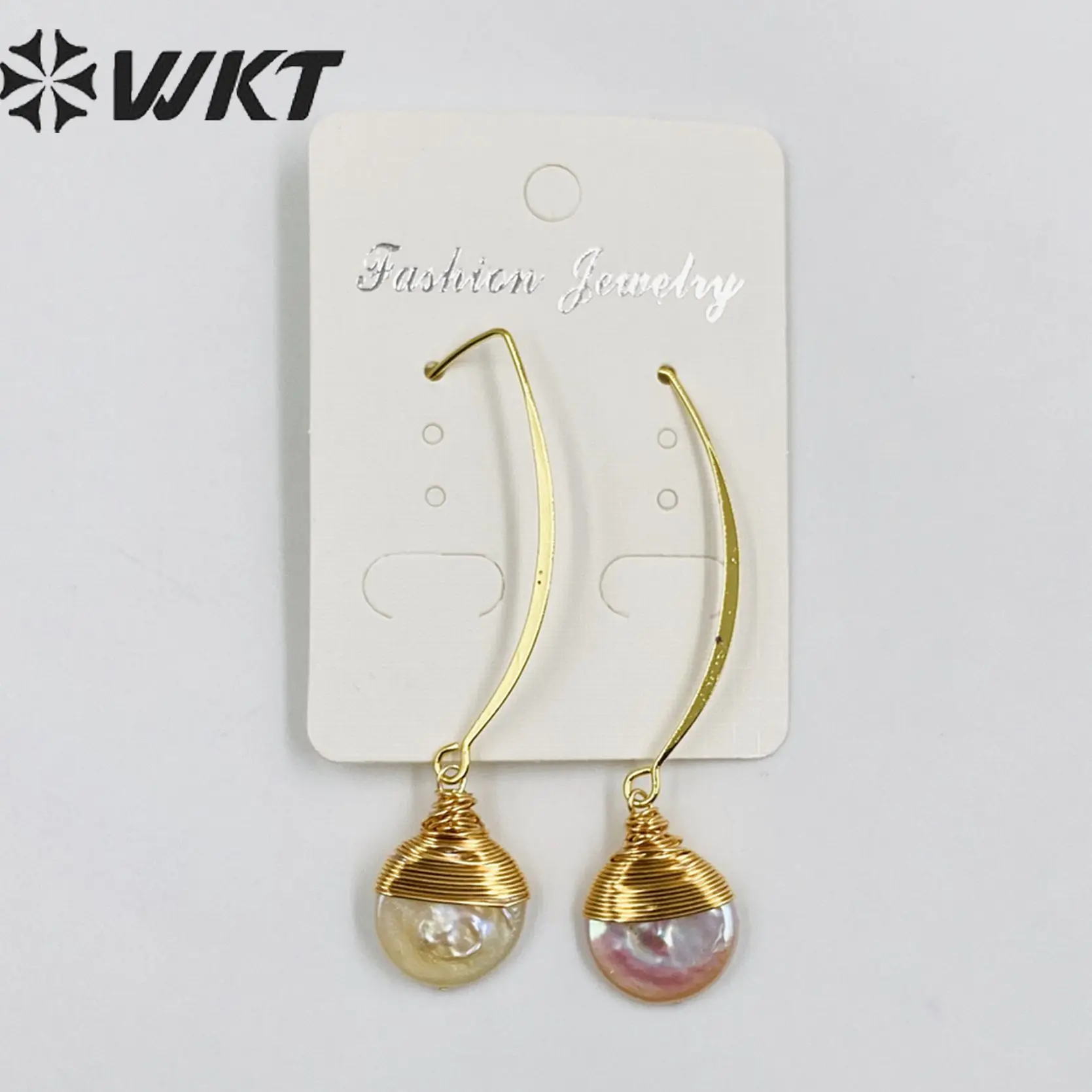 

WT-E542 WKT Natural Freshwater Pearl Earring Round Shape Pearl Pendant With Brass Wire Wrap Earring Wedding Earring Jewelry