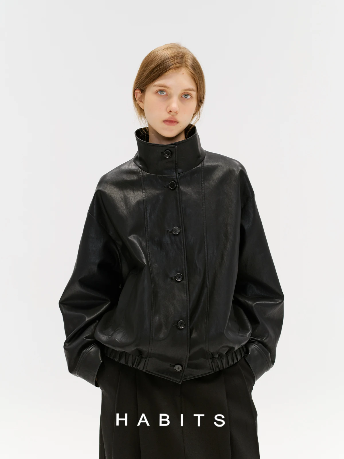 

Женская кожаная куртка Habits Studio HS свободного кроя с воротником-стойкой, экологичная, с текстурным дизайном, длинный рукав, из искусственной кожи