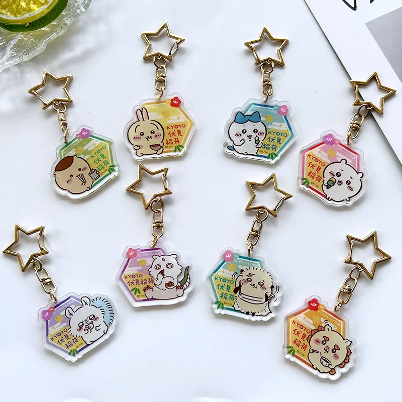 

Kawaii Chiikawas Inari Shrine Acrylic Keychain Cute Fox-themed Bag Charm Anime Character Pendant with Star Chain