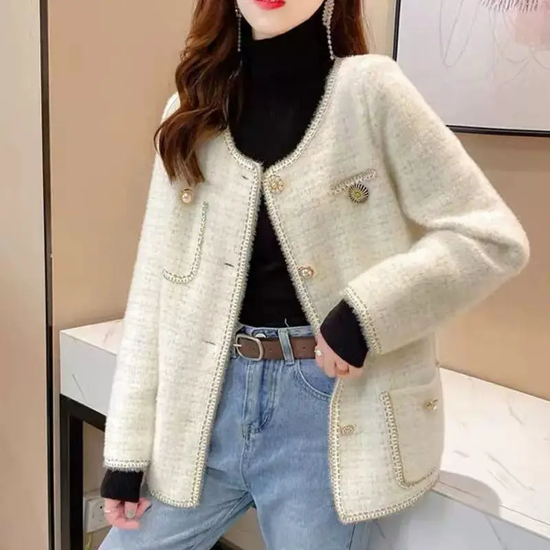 

Elegant Faux Mink Sweater Cardigan Autumn Winter Women Loose Plaid Knitted Coat Korean Style Soft O-Neck Pocket Knitwear Top Y53