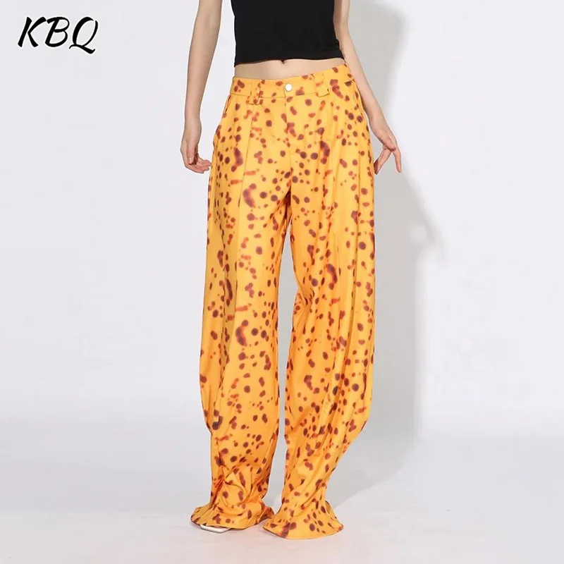 

KBQ Casual Colorblock Printing Full Length Pant For Women High Waist Patchwork Button Designer Wide Leg Pants Female Fashion New