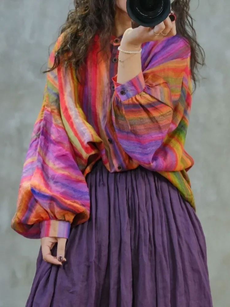 Chemise à manches longues rayée arc-en-ciel pour femmes, décontractée, imprimée, col fantaisie, haut ample et Long, nouvelle collection automne 2025