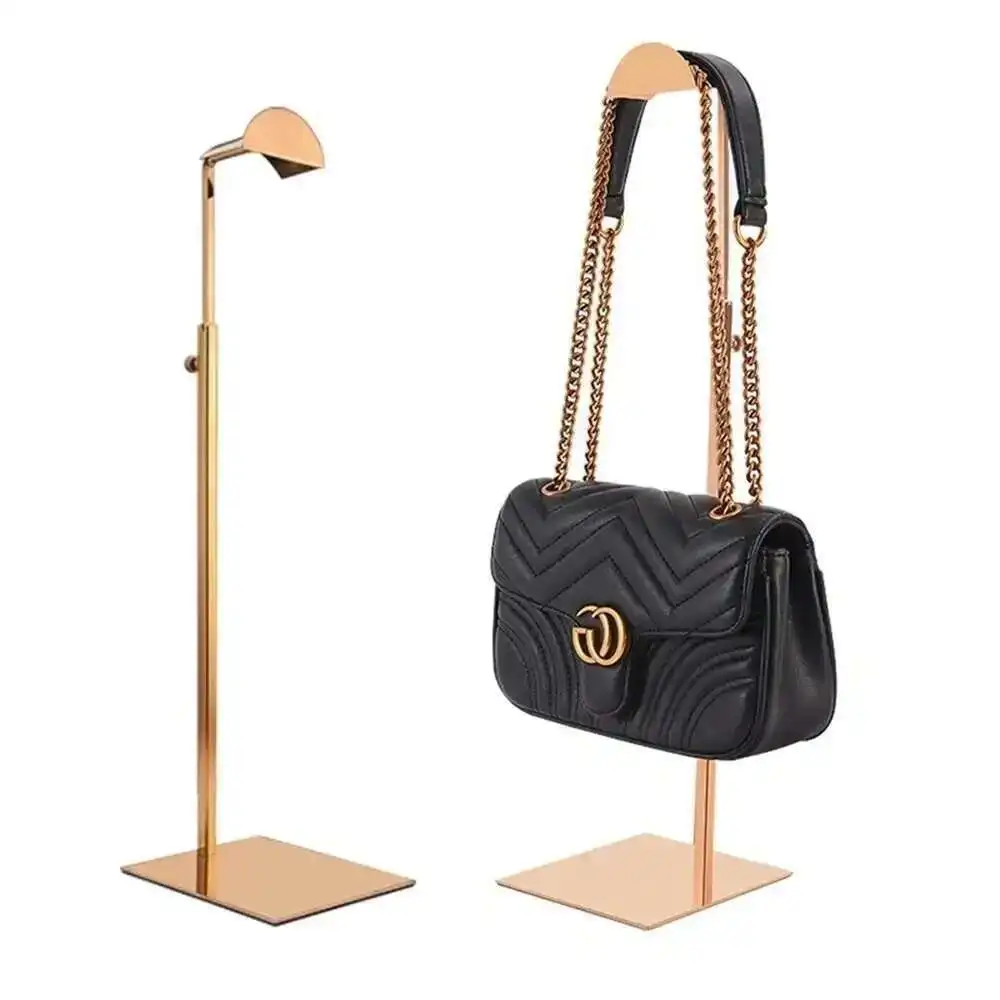 Golden Stainless Steel Hanging Bag Display Stand Metal Handbag Hanger Rack Wig Hat Hook Bracket Standee Exhibition Showing Props