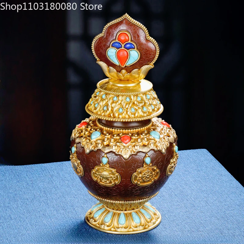 25cm Copper gilding inlay Eight auspicious Treasure bottle Tibet buddhism Wealth vase Lucky decor