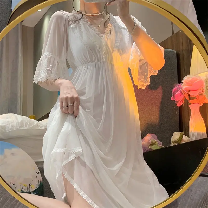 Female White Lace Long Nightgown Sleepwear Retro Palace Style Princess Nightdress Bath Robe Summer Loose Home Dress Nightwear