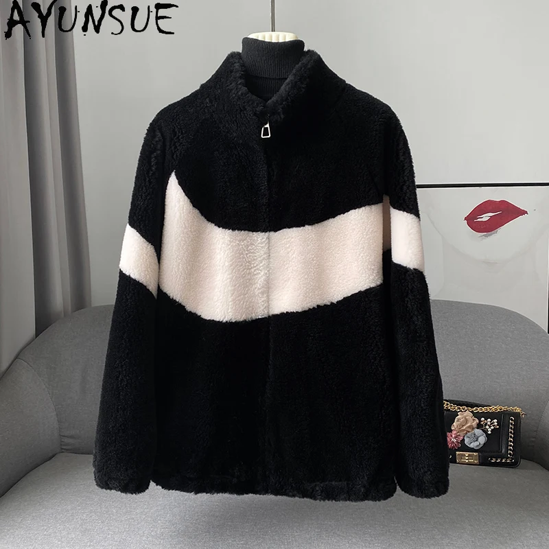 AYUNSUE High-street Sheep Shearing Jacket 100% Wool Coats for Women 2023 Autumn Winter Fashion Fur Coat Standing Collar Abrigos