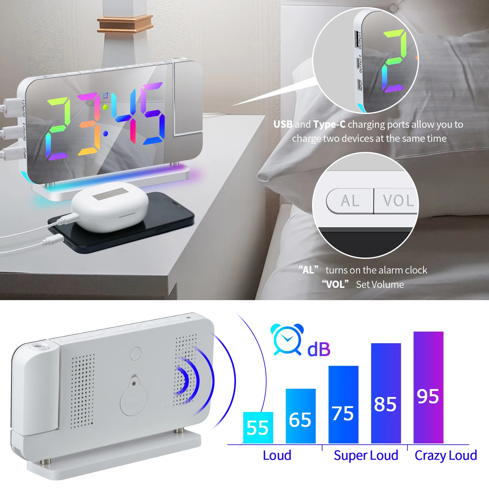 New LED Digital Alarm Clock Table Watch Electronic Desktop Clocks USB Wake Up FM Radio Time Projector Snooze Function Alarm - Image 5