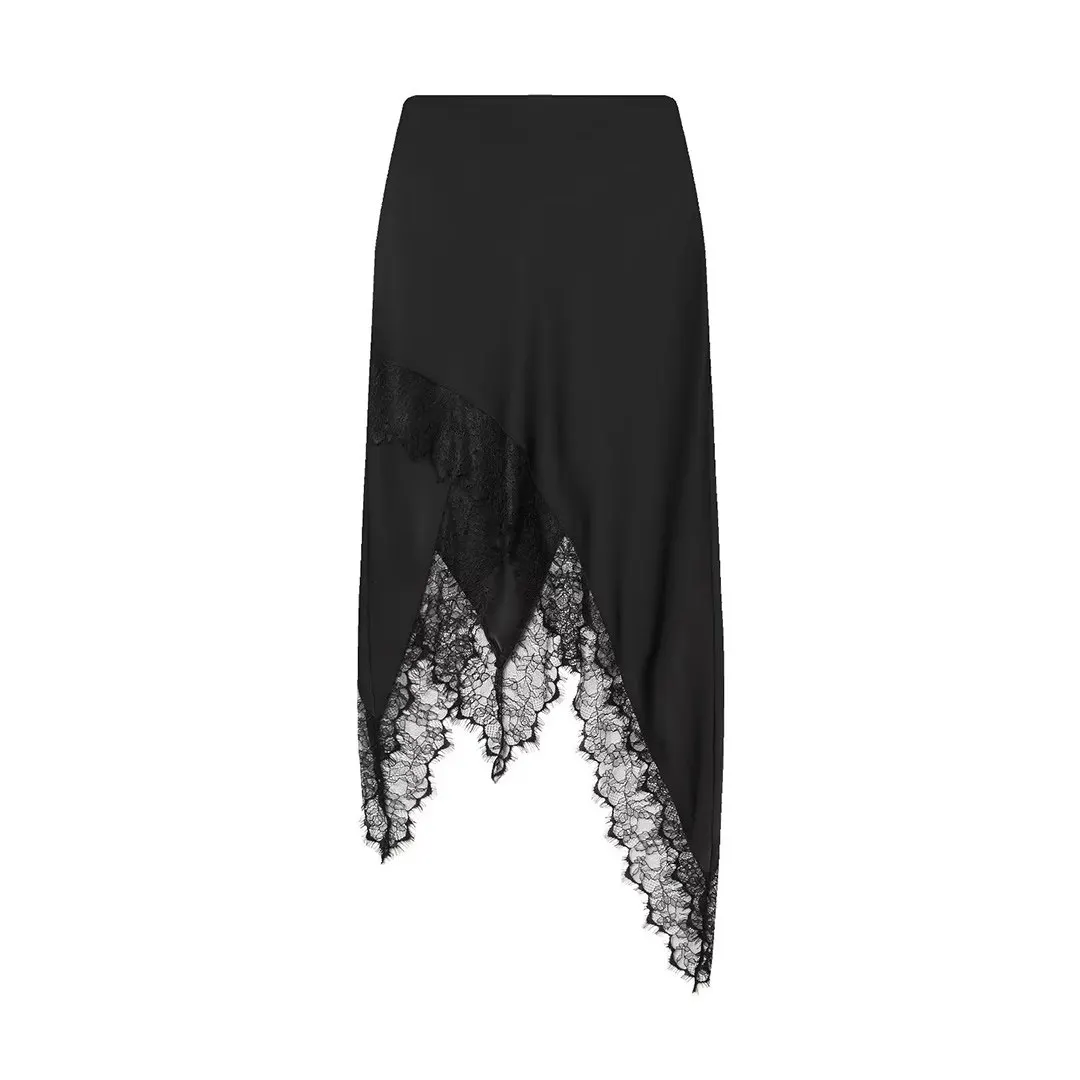 

Black Lace Splicing Women' Skirt 2026 Spring Autumn New European Style Zipper Irregular Midi Skirt Casual Commuter Woman Clothes