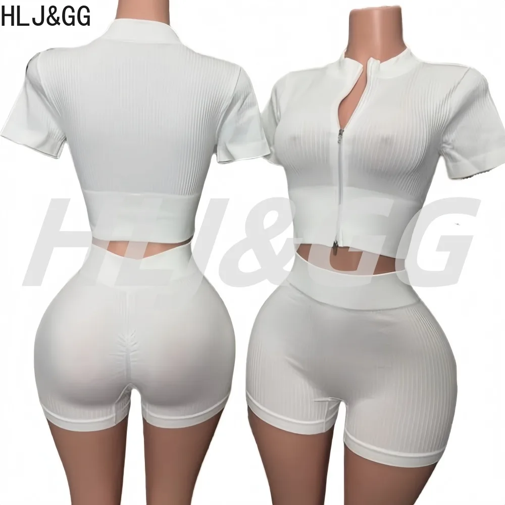 HLJ&GG High Quality Casual Bodycon Woman 2 Piece Set Outfit Solid Color Short Sleeve Tank Tops +  Shorts Suit Female Streetwear