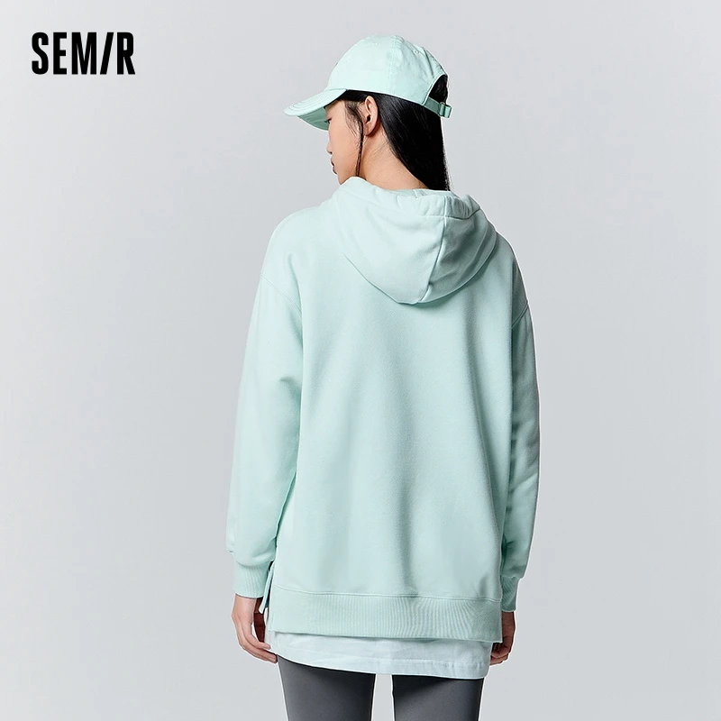 Semir Hoodie Women Mid-Length Loose Slit Letter 2024 New Winter Thermal Antibacterial Fleece Hooded Casual Versatile Sweatshirt