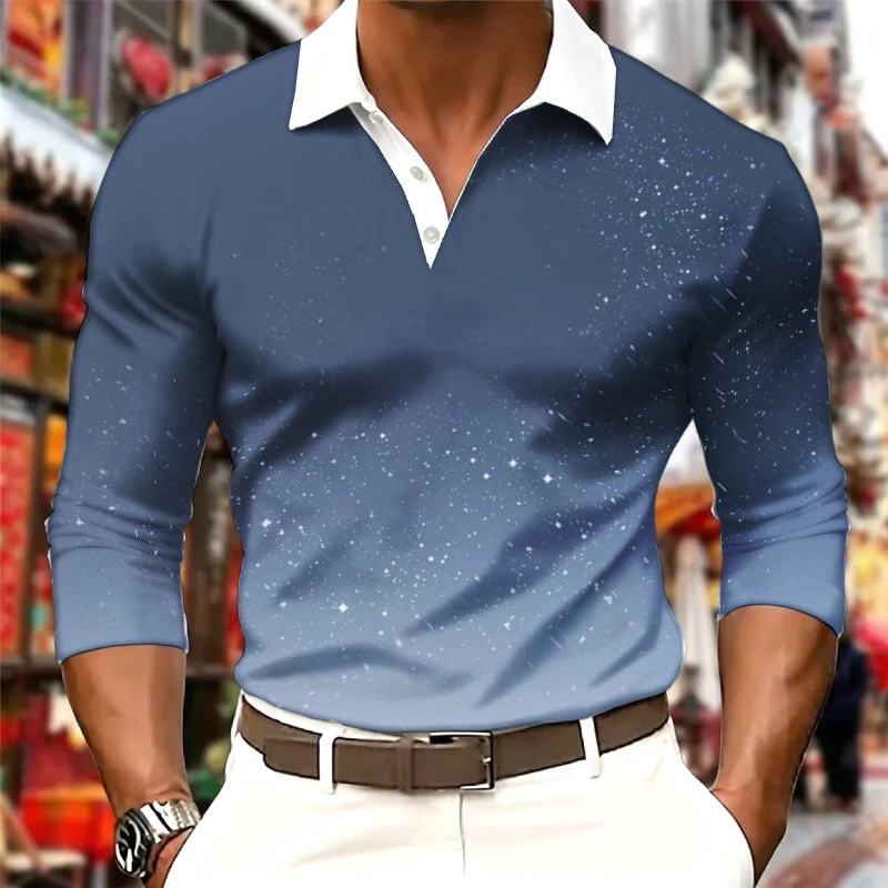 Men Contrast White Collar Long Sleeve Polo Shirt V‑Neck Starry Sky Koi Leaf Constellation Print Slim Fit Casual Tops