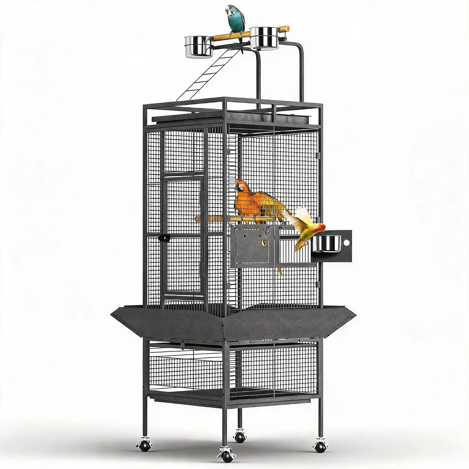 46x46x152.5CM Large Bird Cage with Play Top & Rolling Stand | Metal Parrot Cage with Feeding Bowls & Removable Tray for Macaws, Cockatoos, Conures, Exploding Silver Color