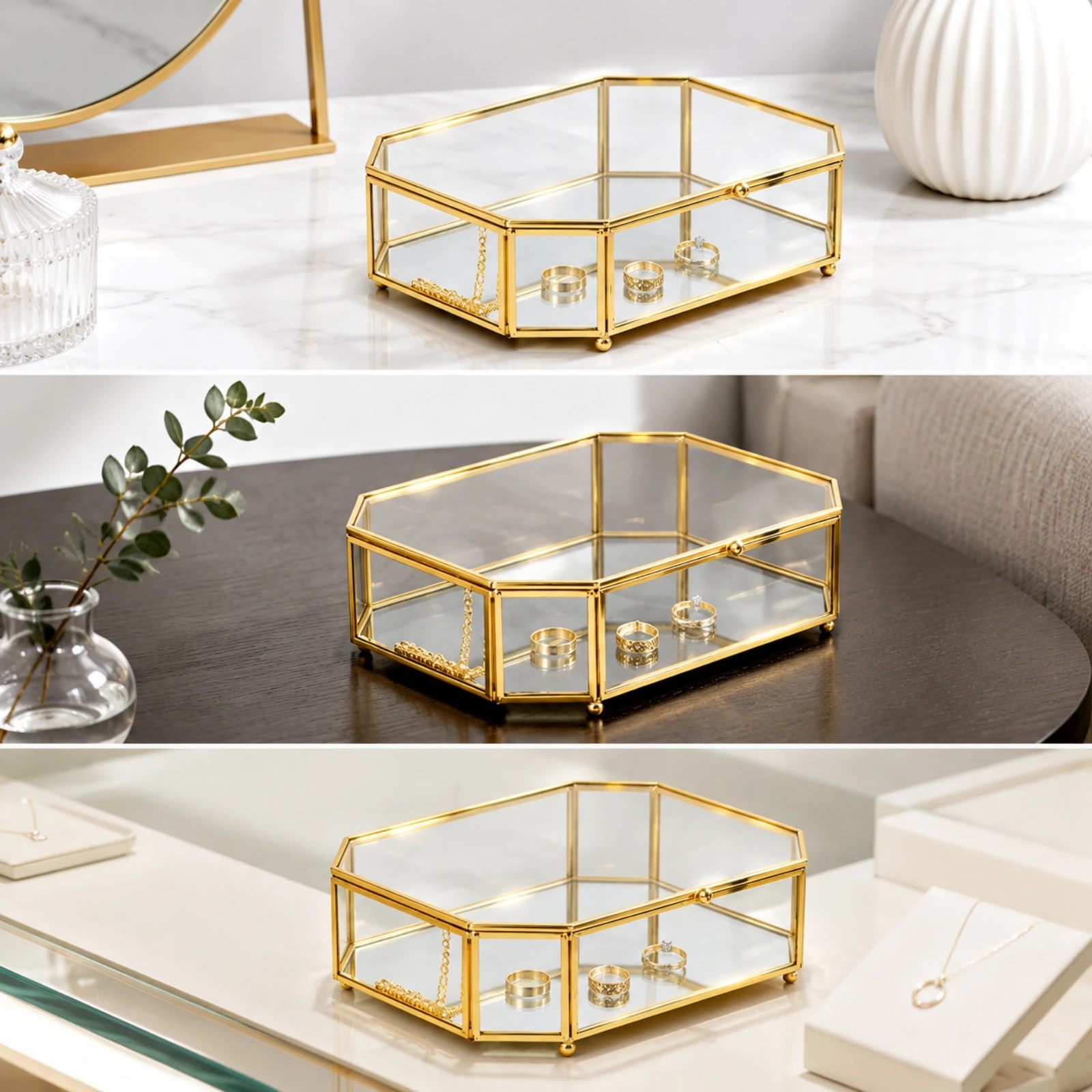 Jewelry Organizer Modern Geometric Glass Jewelry Storage Box for Vanity, Dresser
