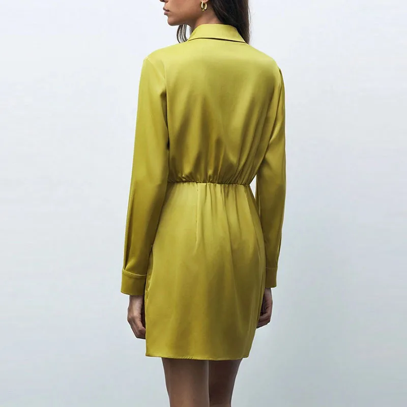 Décontracté bureau Wrap hanche robes courtes automne nouveau Satin couleur unie a-ligne robe 2025 mode col en v taille haute plissée Mini robe