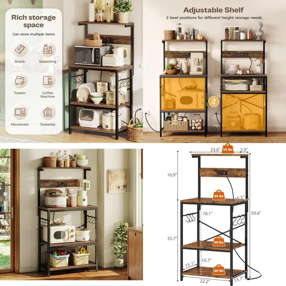 

4-ярусная кухонная стойка-органайзер с розеткой, кофейным столиком и S-образными крючками для специй, кастрюль и сковородок - цвет рустик-коричневый