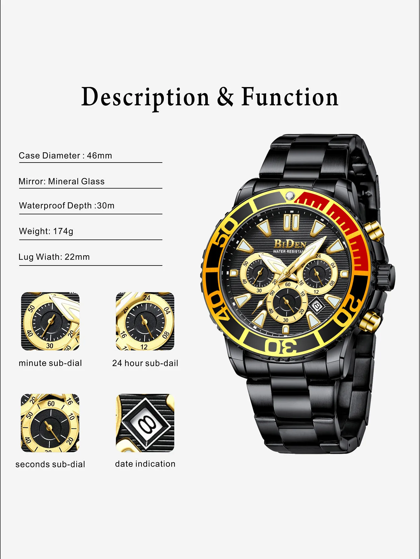 BIDEN-Montre de sport à quartz étanche pour homme, horloge de date, mode de luxe, marque supérieure, 30 iko