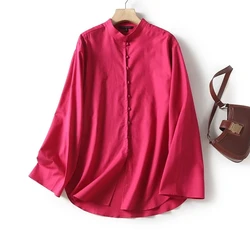 Maxdutti Japanese Style Simple Stand Collar  Shirt Women Cotton Linen Casual Blouse Fashion Elegant Ladies Summer Loose