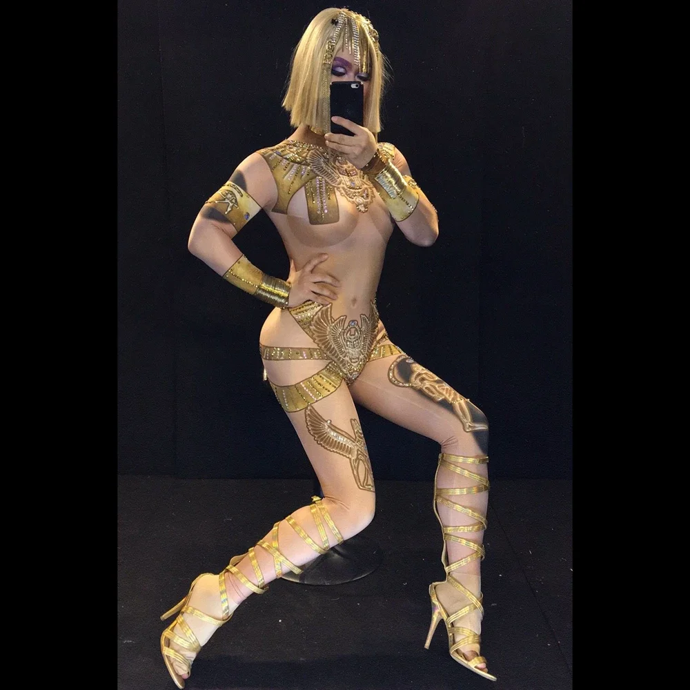 

Sexy Performance Leotard Dance Costume Nightclub Party Show Stage Wear Nude Skin Color Gold Print Rhinestone Jumpsuit