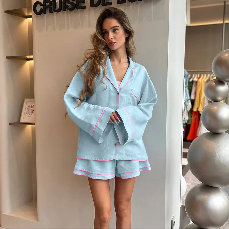 2Pcs Women Cotton Pajama Set, Casual Cozy Style, LooseFit SkinFriendly Breathable Long Sleeve Top & Shorts Sleepwear, Ladies L