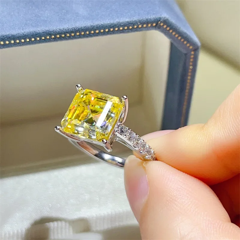 NKHOG Asscher Cut Moissanite Rings S925 Silver Square Yellow Diamond Women Men Luxury Wedding Band Jewelry Gifts GRA Certificate