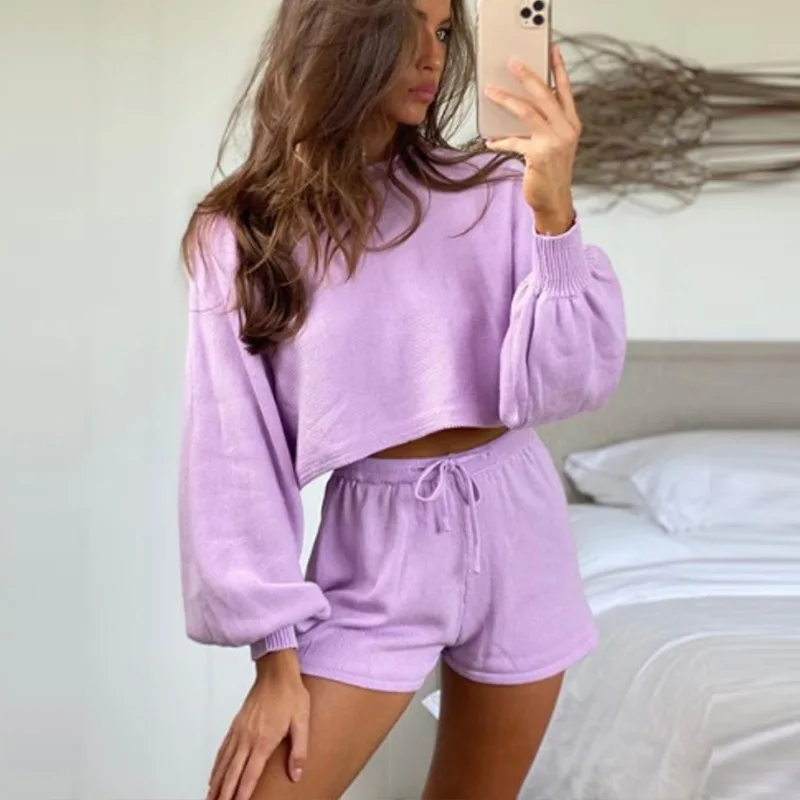 

Woman Vintage Plus Size Homewear Puff Sleeves Tops Solid Colors Crop Tops + High Waist Short Pants Women Sexy 2 Piece Set