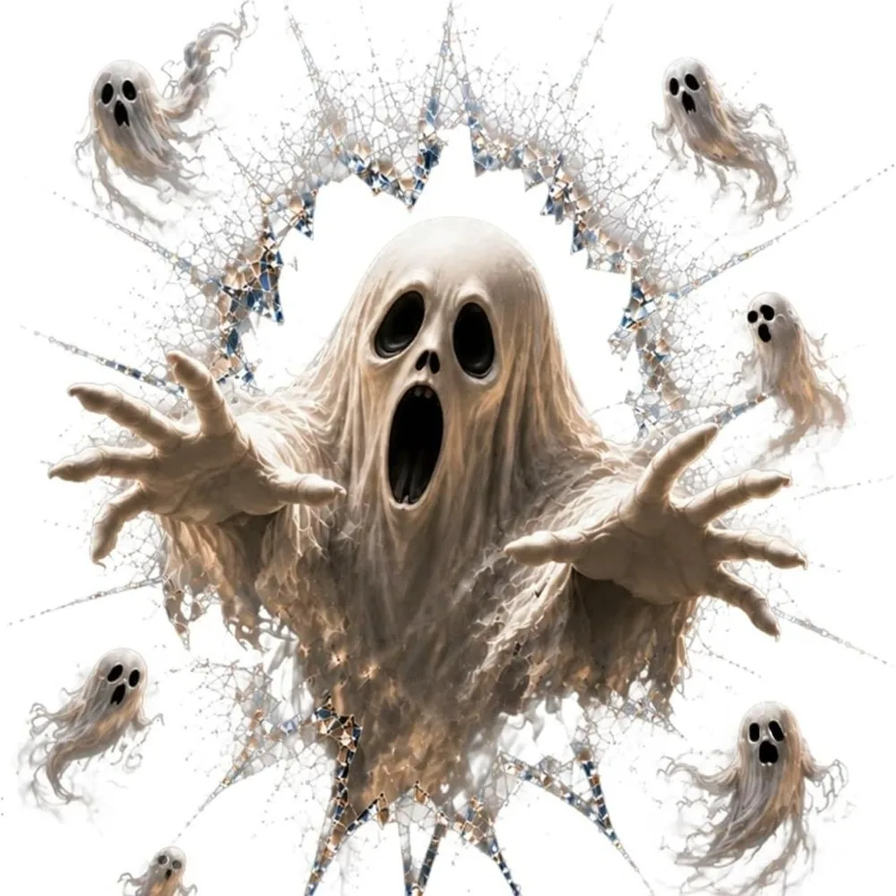Durable Cracked Glass Effect Halloween Ghost Window Cling Static Cling Spooky Ghost Halloween Window Decal Glass Decoration Home