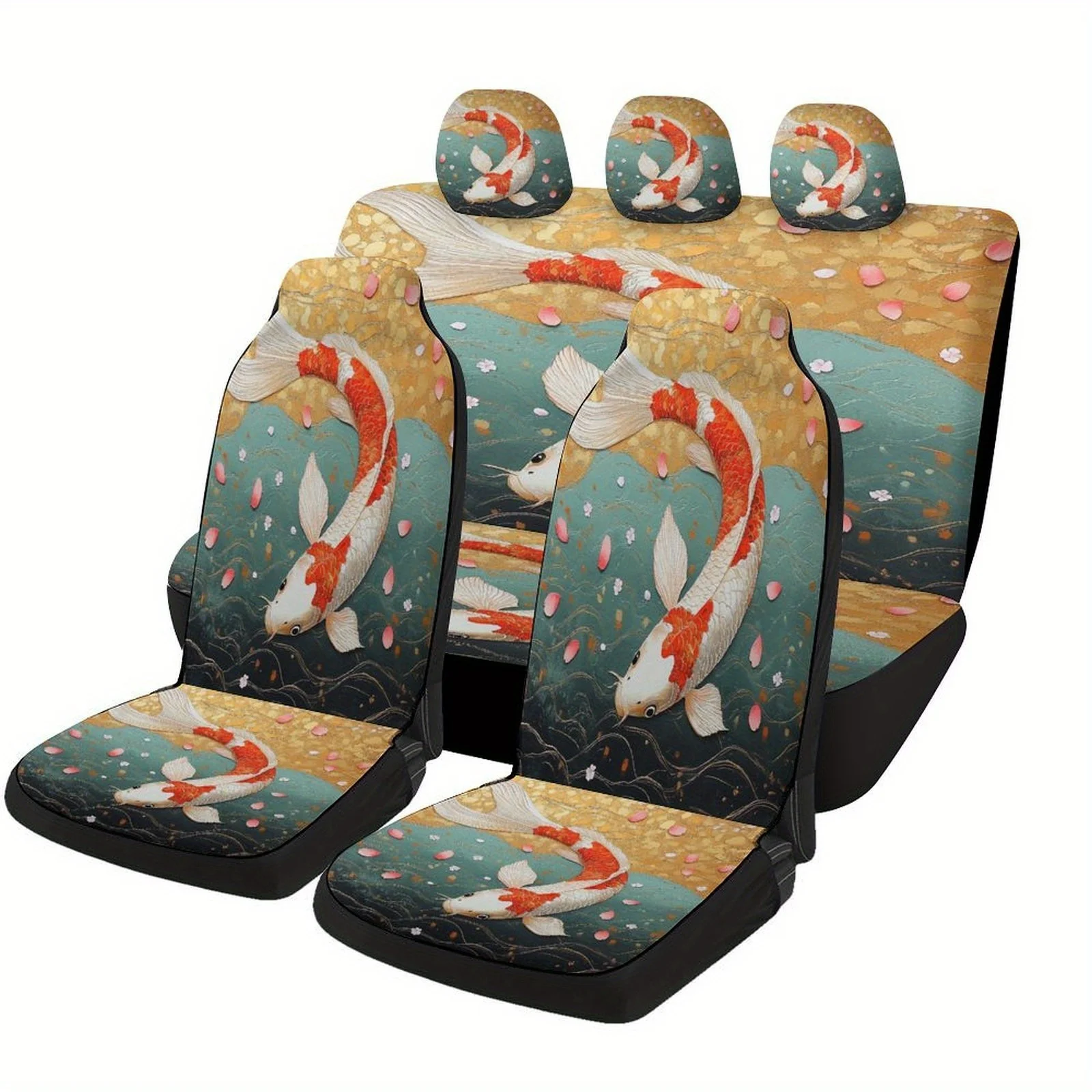 Golden Koi Fish Themed Car Seat Cover Set For Most Cars, Fashionable And Novelty Full Set, Universal Car Seat Covers For 2 Front