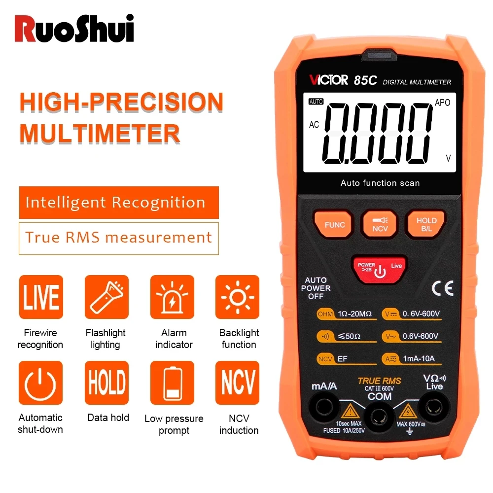 

Victor 85C Multimeter 6000 Count Automatic AC/DC Voltage Continuity NCV Smart Tester True Rms Flashlight Tranistor Digital Meter