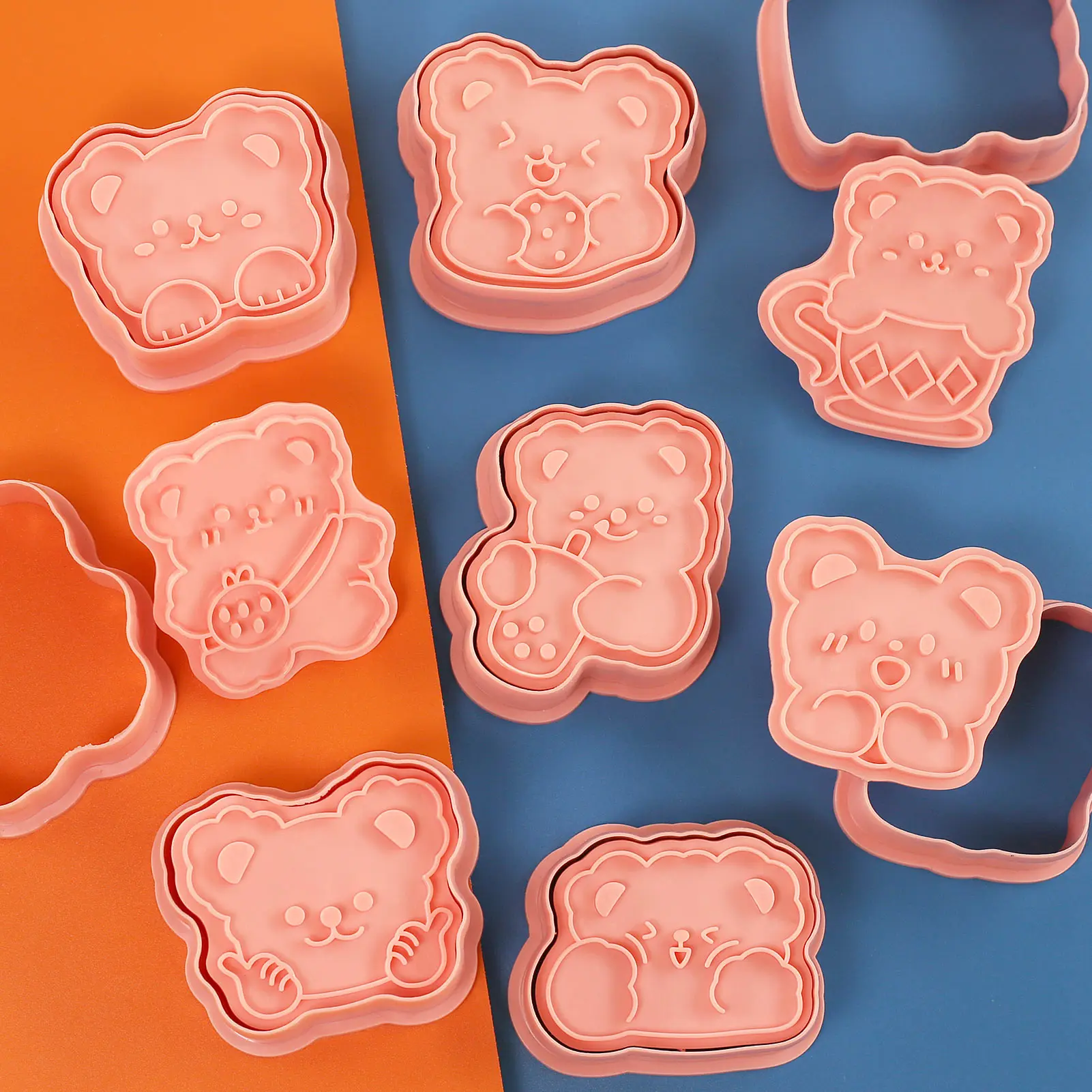 8Pcs Set Cartoon Bear Shape Biscuit Mold 3D Kawaii Milk Tea Bear Cookie Mold Dessert Fondant Cake Baking Decoration Tools