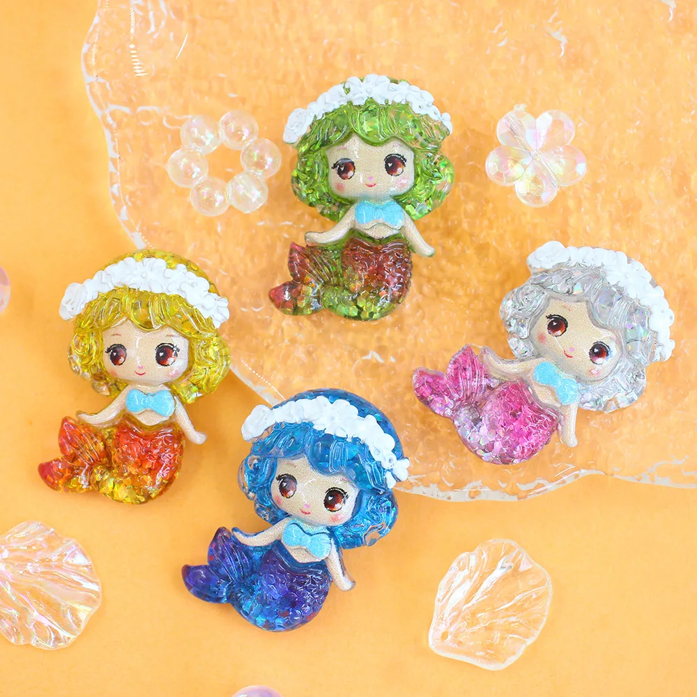50pcs Cartoon Princess Glitter Mermaid Flatback Resin Scrapbook Diy Jewellery Hairpin Accessories Decorate Crafts