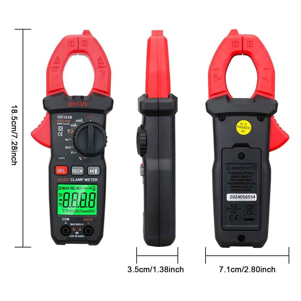 GVDA Digital Clamp Meter True RMS Clamp Multimeter AC DC Voltage Tester Ammeter Capacitance Diode Ohm Hz Temperature Test